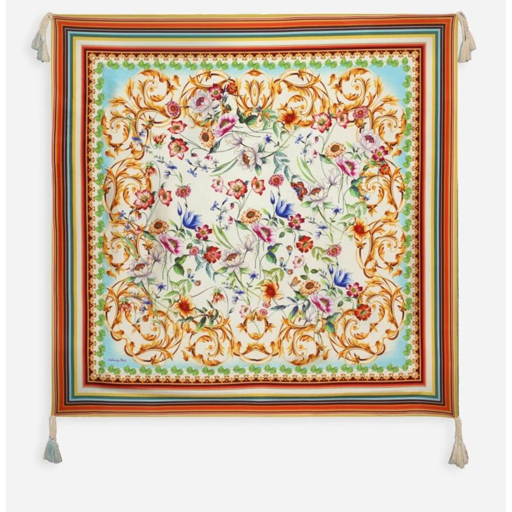 Johnny Was Felix Scarf Silk Square Large Floral Tassels Orange Scarves Blue New